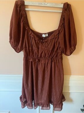 By the river sparkling Rust Brown Puff Sleeve Polka Dot Mini Dress